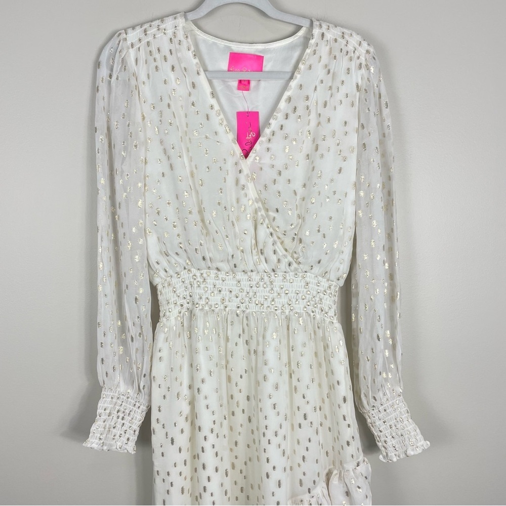 Lilly Pulitzer Cristiana Midi Dress Womens 8 Metallic Coconut Print Gold Ruffle - Picture 6 of 13